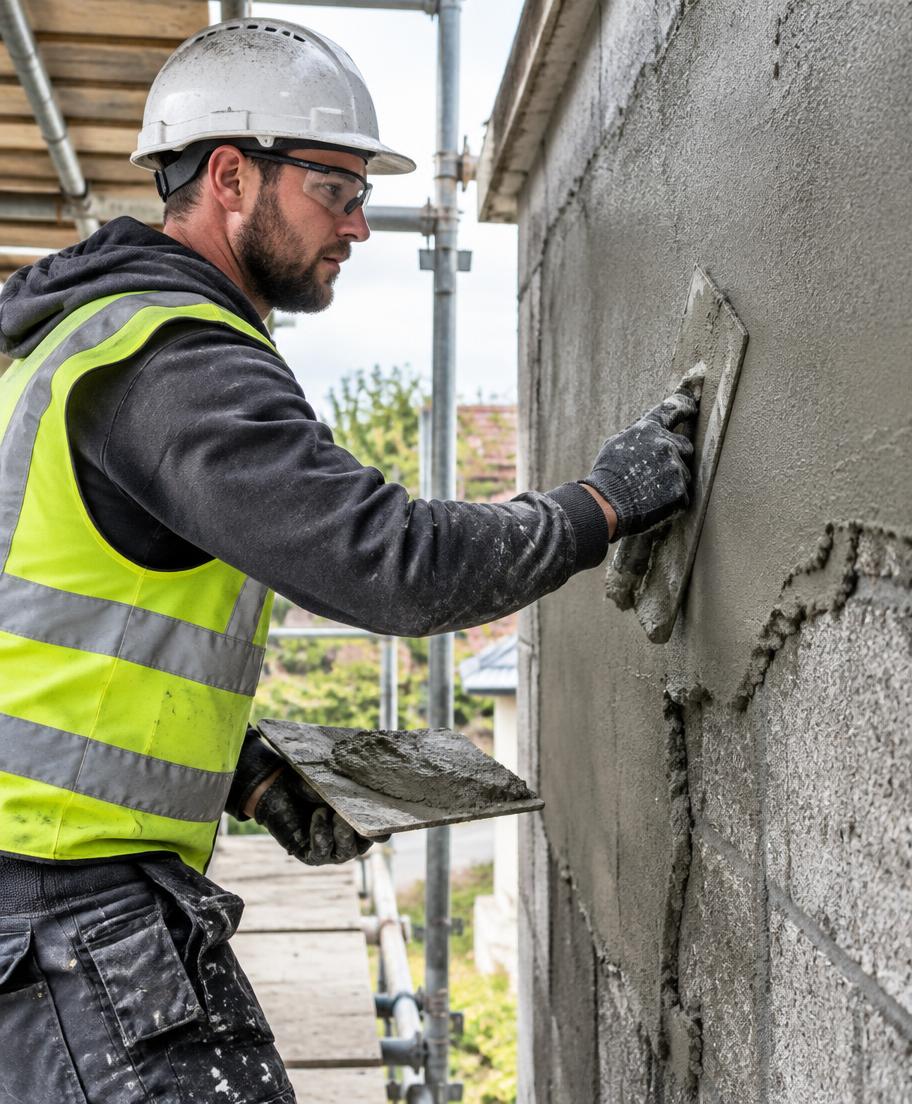 Rendering contractor applying cement render to an exterior wall